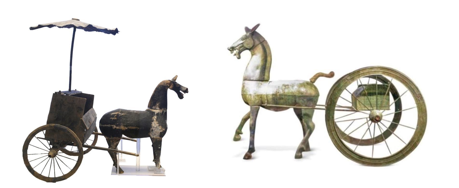 △左為漢代木軺車，藏于青海省博物館；右為東漢銅車馬，藏于黔西南州博物館。